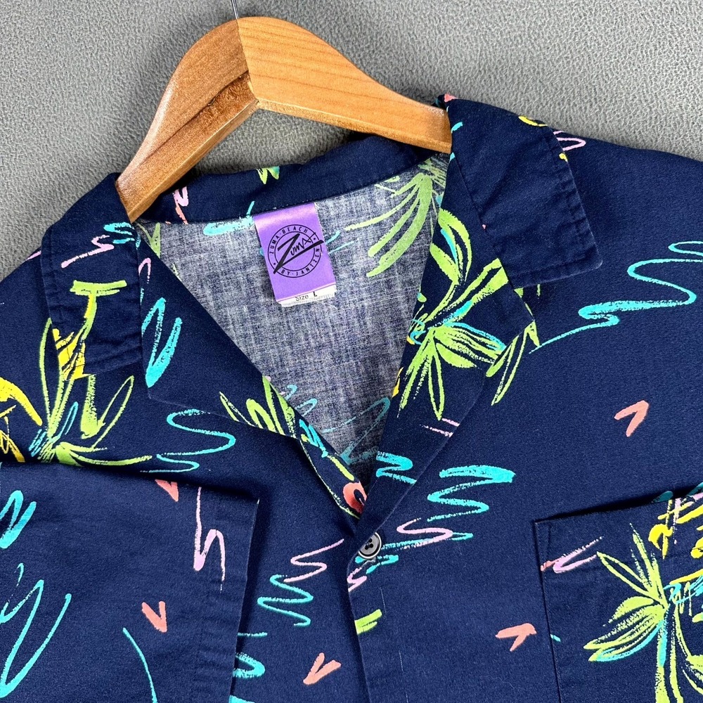Jantzen Shirt Large‎ Blue Zuma Beach Neon Hawaiian Pineapple Vintage Camp Collar